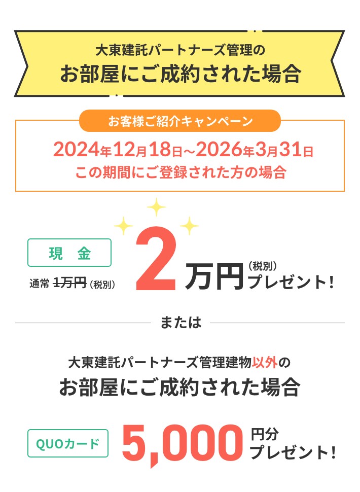 ご紹介者さまへ情報提供料として大東建託パートナーズ管理のお部屋にご成約された場合現金2万円(税別)プレゼント!または大東建託パートナーズ管理建物以外のお部屋にご成約された場合QUOカード5,000円分プレゼント!