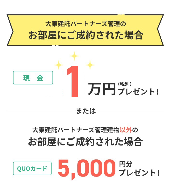 ご紹介者さまへ情報提供料として大東建託パートナーズ管理のお部屋にご成約された場合現金2万円（税別）プレゼント！または大東建託パートナーズ管理建物以外のお部屋にご成約された場合QUOカード5,000円分プレゼント！